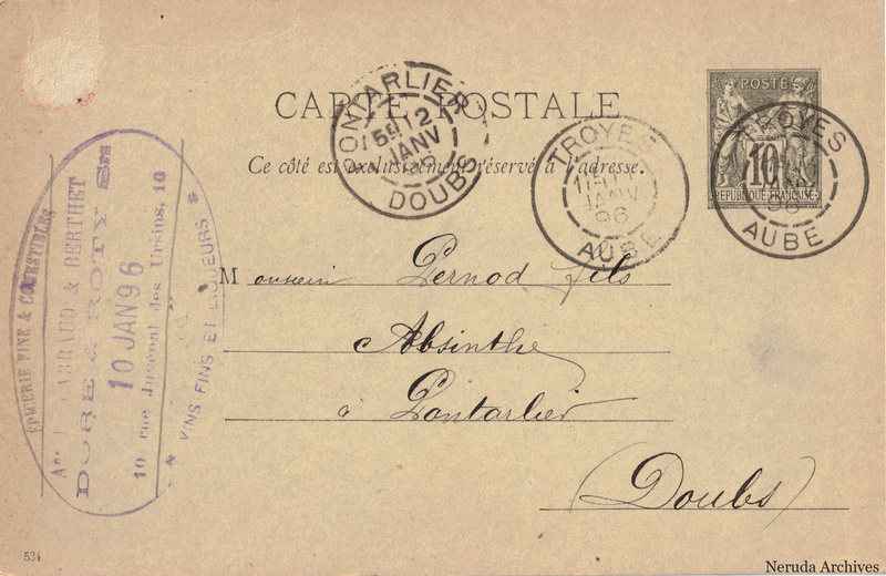 NRA-L-000338 image 1 showing the address side of a postcard sent by Doré & Roty to Pernod Fils, with contemporary postal and business marks.