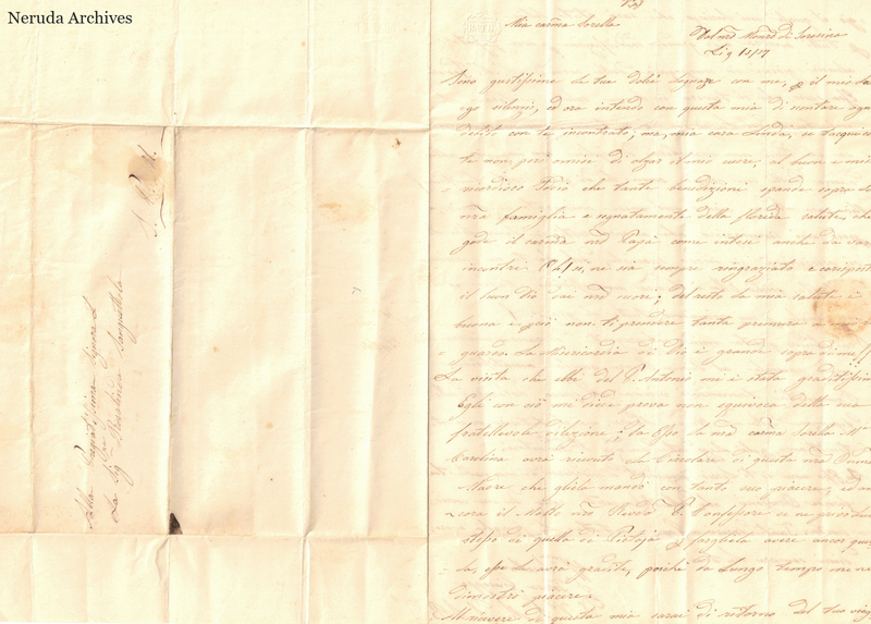 NRA-L-000645 image 1 showing the address panel, postal evidence and opening Italian manuscript text on an unfolded historical letter.