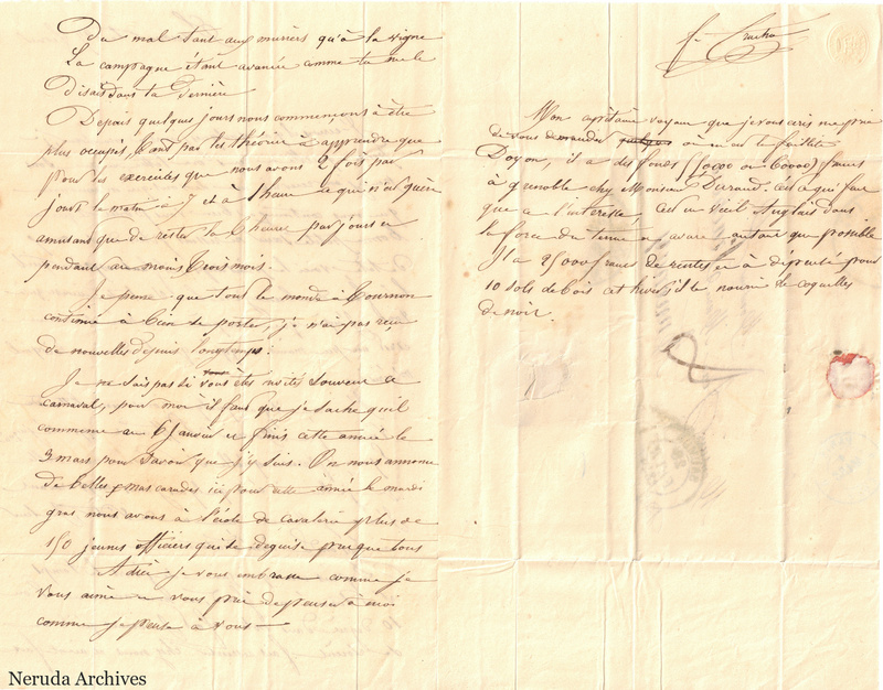NRA-L-000561 image 2 showing a folded French letter combining manuscript text, address panel, postal marks, seals, folds and retained annotations.