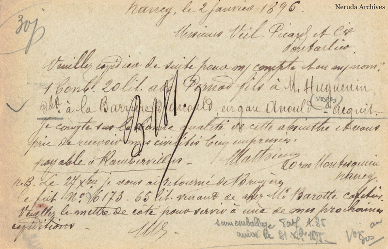 NRA-L-000290 image 2 showing the handwritten message from E. Mathieu-Rohmer to Veil-Picard & Cie, Maison Pernod Fils, with contemporary annotations and the sender's signature or business mark.
