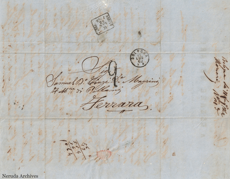NRA-L-000762 image 1 showing the address to Samuel B° Finzi D° Magrini in Ferrara with postal and filing marks.