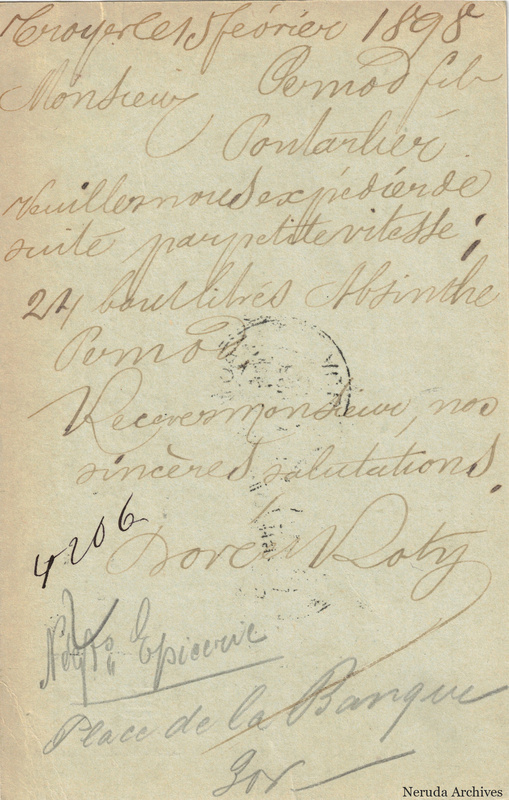 NRA-L-000339 image 2 showing the handwritten message from Doré & Roty to Pernod Fils, with contemporary annotations and the sender's signature or business mark.