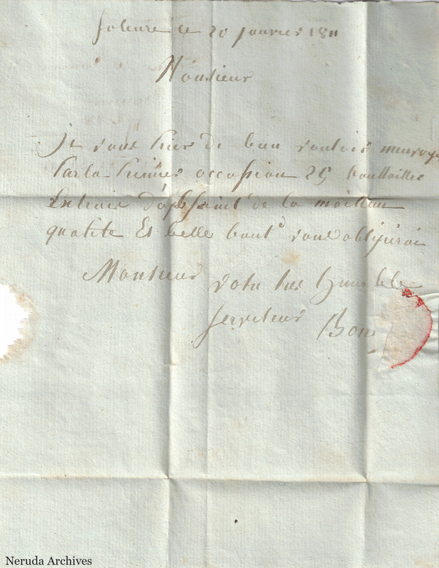 NRA-L-000091 image 2 showing letter text for letter signed Bony (docketed Bonner) to Pernod requesting absinthe extract, January 20, 1811.