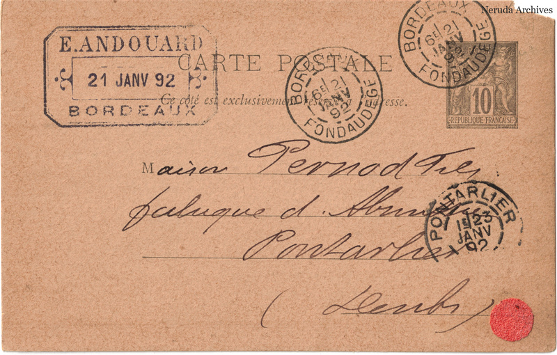 NRA-L-000220 image 1 showing the address side of a postcard sent by E. Andouard to Pernod Fils, with contemporary postal and business marks.