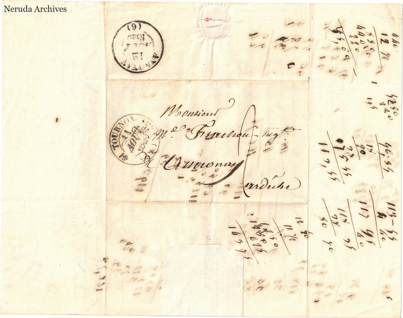 NRA-L-000596 image 1 showing a folded address panel to a Frachon correspondent at Annonay, with handwritten delivery address, postal marks, sealing evidence, folds and retained annotations.