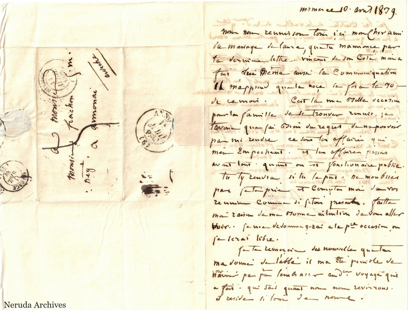NRA-L-000566 image 1 showing a folded French letter combining manuscript text, address panel, postal marks, seals, folds and retained annotations.