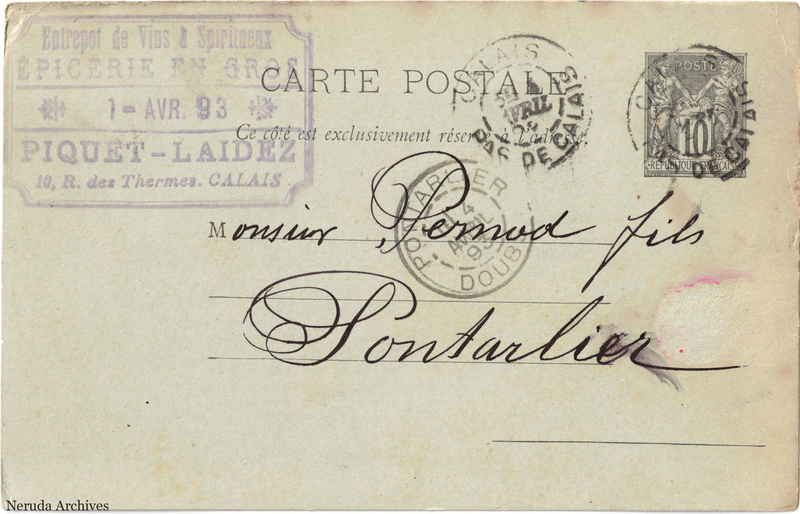 NRA-L-000264 image 1 showing the address side of a postcard sent by Piquet-Laidez to Pernod Fils, with contemporary postal and business marks.