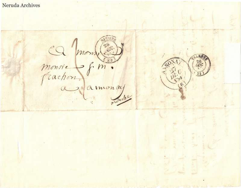 NRA-L-000569 image 1 showing a folded address panel to a Frachon correspondent with postal marks, routing notes, seals, folds and retained annotations.