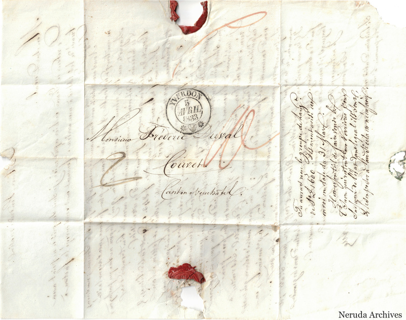 NRA-L-000147 image 1 showing a heavily folded address panel to Frédéric Duval in Couvet, with a circular postmark, manuscript instructions, receiver docketing, wax remnants and several physical paper losses.