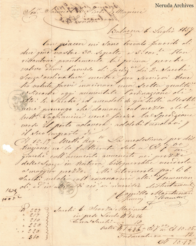 NRA-L-000750 image 2 showing Camillo Mantovani’s handwritten business letter, dated 1857-07-06, including the six-sack bark account and delegated signature.