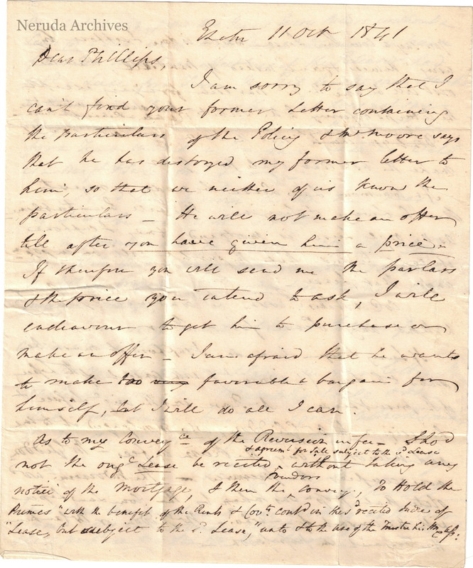 NRA-L-000027 image 2 showing page 1 of R. C. Campion's English letter from Exeter to J. Phillips, dated 11 October 1841.