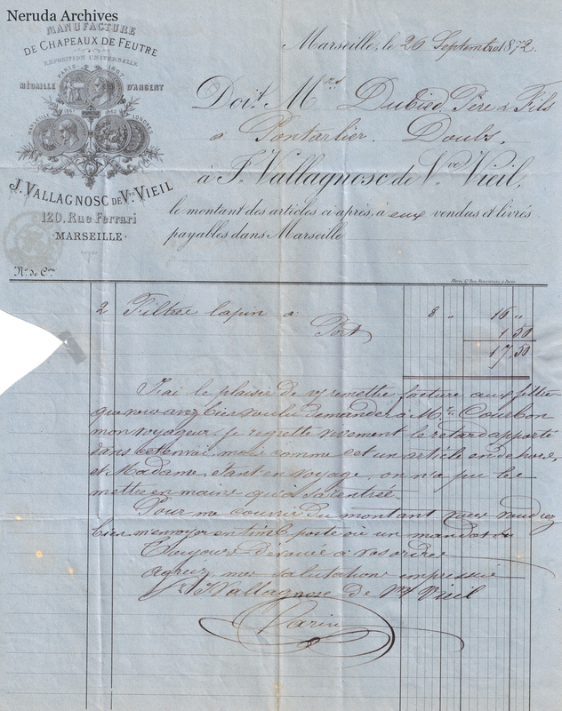 NRA-L-000135 image 2 showing a printed Marseille invoice with handwritten commercial letter text to Dubied père et fils, financial figures, signature, folds and a large physical loss at the left edge.