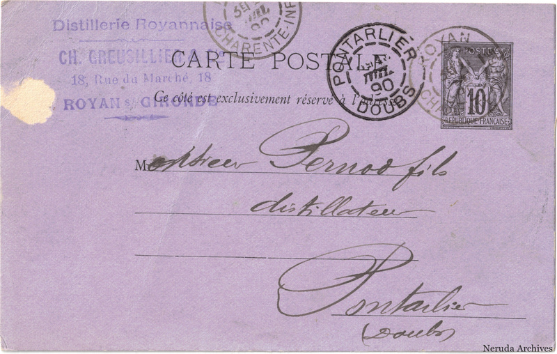 NRA-L-000256 image 1 showing the address side of a postcard sent by Ch. Greusillier, Distillerie Royannaise to Pernod Fils, with contemporary postal and business marks.