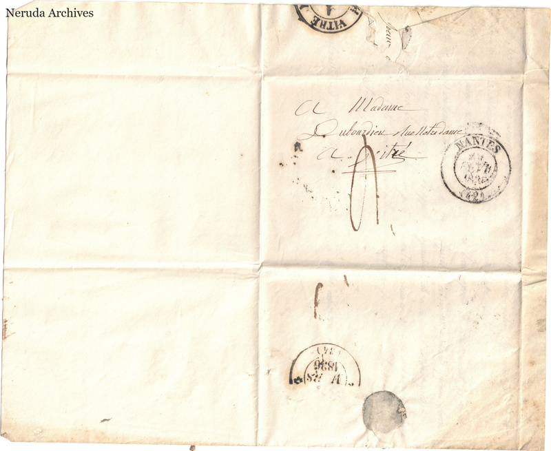 NRA-L-000056 image 1 showing the address panel to a woman at Vitré, with circular postal cancellations, folds and a seal remnant.