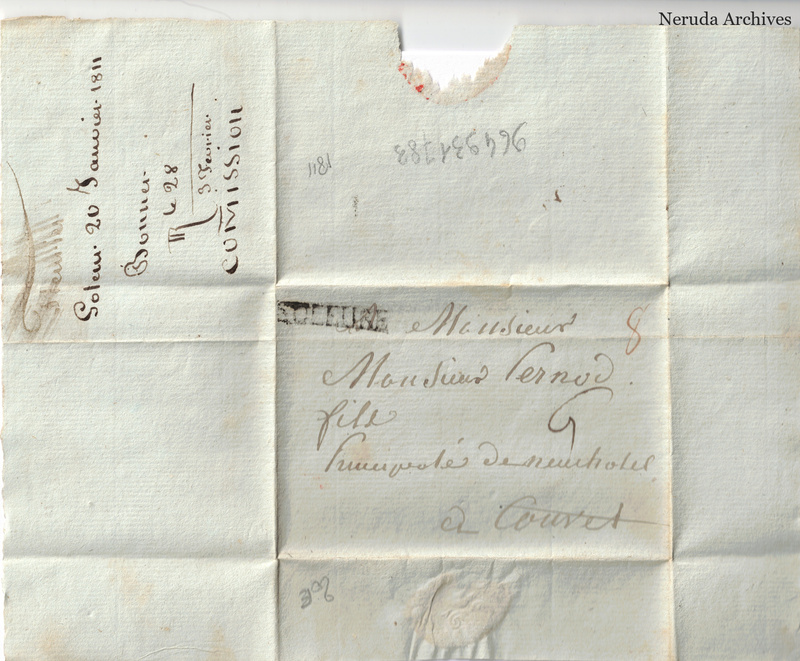 NRA-L-000091 image 1 showing address panel and postal evidence for letter signed Bony (docketed Bonner) to Pernod requesting absinthe extract, January 20, 1811.