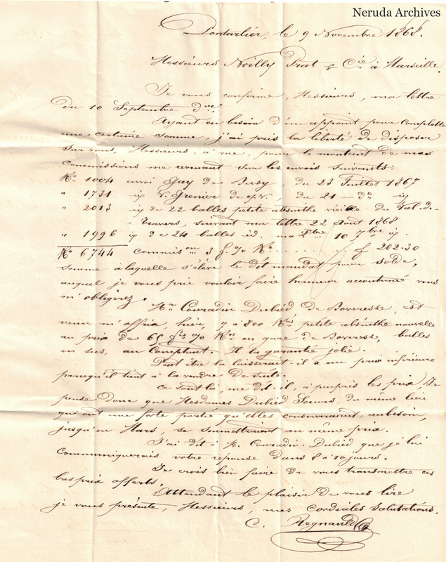 NRA-L-000155 image 2 showing a full-page French commercial letter dated at Pontarlier on 9 November 1868 and addressed to Noilly Prat and Company, with account references, absinthe-related text, signature and prominent folds.
