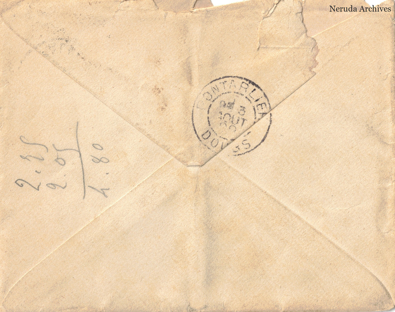 NRA-L-000148 image 2 showing the reverse of the envelope with a circular Pontarlier postal mark, manuscript docketing, folded flaps, creases and upper-edge damage.