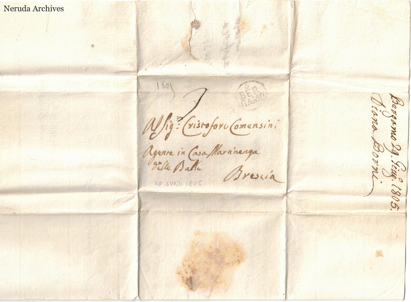 NRA-L-000325 image 1 showing the folded address panel of an Italian letter to Signor Cristoforo Comensini in Brescia, with dated docketing along the right edge.