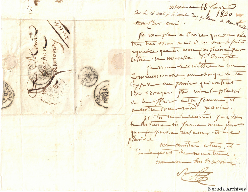 NRA-L-000567 image 1 showing a folded French letter combining manuscript text, address panel, postal marks, seals, folds and retained annotations.