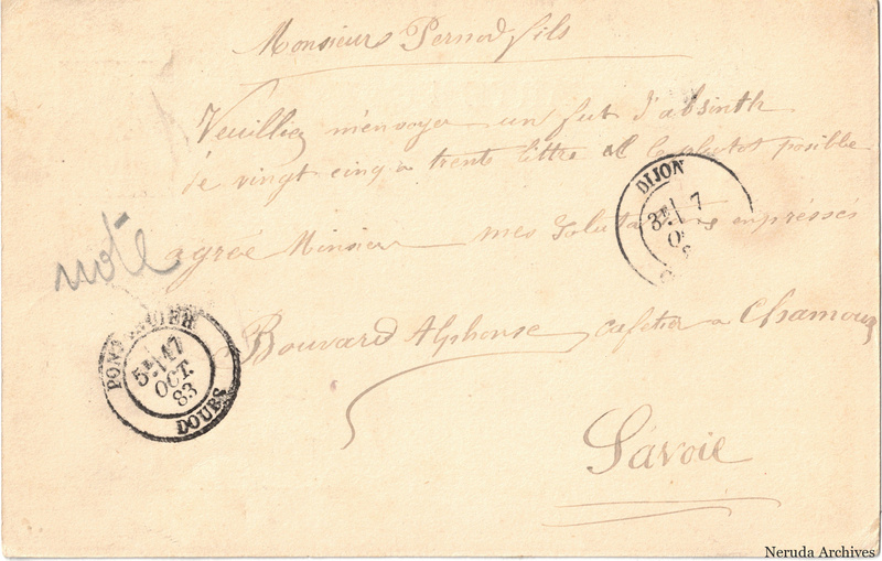 NRA-L-000239 image 2 showing the handwritten message from Alphonse Bouvard to Pernod Fils, with contemporary annotations and the sender's signature or business mark.