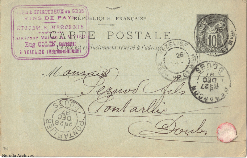 NRA-L-000173 image 1 showing the postcard address panel to Pernod fils in Pontarlier, with postage stamp, postmarks and the sender's business mark.