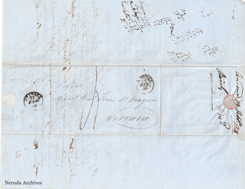 NRA-L-000694 image 1 showing the delivery address, postal evidence and docket of Gregorio Barili's letter dated 19 February 1856.
