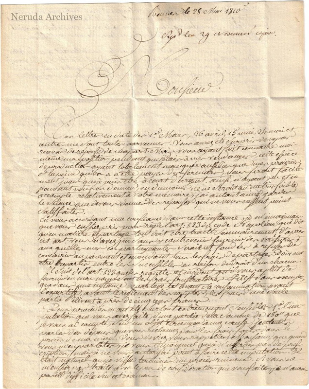 NRA-L-000013 image 2 showing the first page of Flavie Duval's letter from Rennes, dated 28 May 1810, concerning legal costs in a partition proceeding.