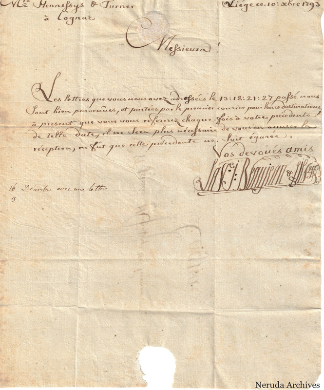 NRA-L-000395 image 2 showing a handwritten French commercial letter with a dated heading, numbered references, prominent signature and physical paper losses.