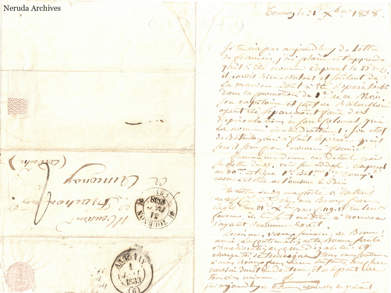 NRA-L-000575 image 1 showing a folded French letter combining manuscript text, address panel, postal marks, seals, folds and retained annotations.