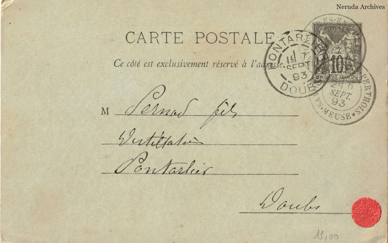 NRA-L-000322 image 1 showing the complete address side of the postcard, with the recipient address, postage, postmarks and contemporary business or filing marks.