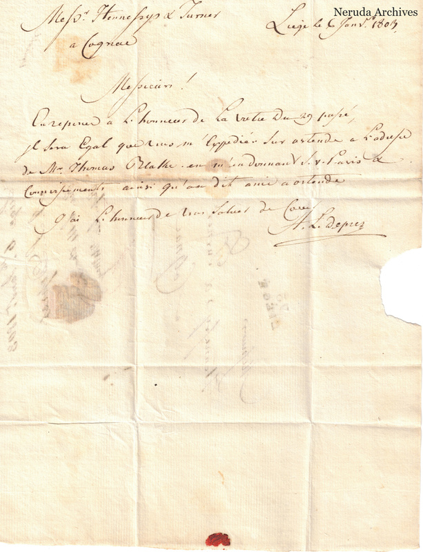 NRA-L-000393 image 2 showing a short handwritten French commercial letter with a dated heading, closing signature, folds and paper losses.