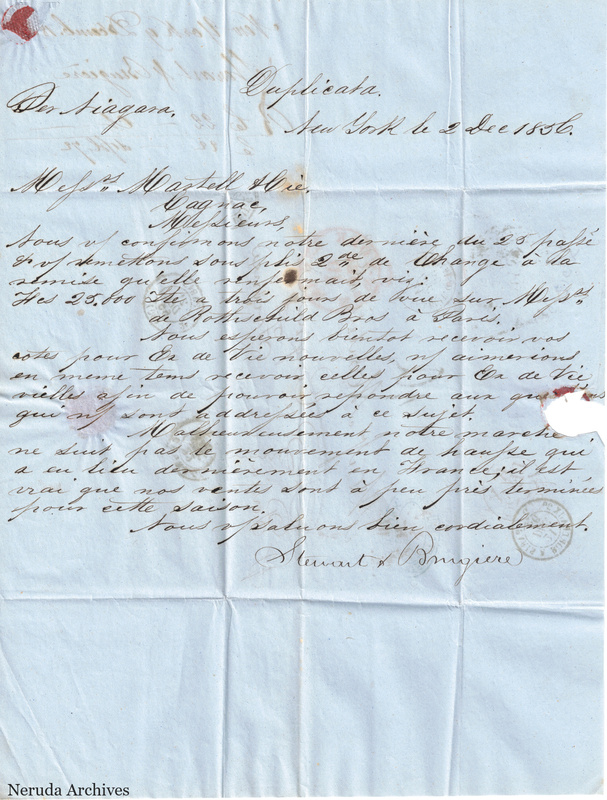 NRA-L-000406 image 3 showing an enclosed handwritten duplicate letter from New York, with a dated heading, closing signature, folds and a paper loss on blue paper.