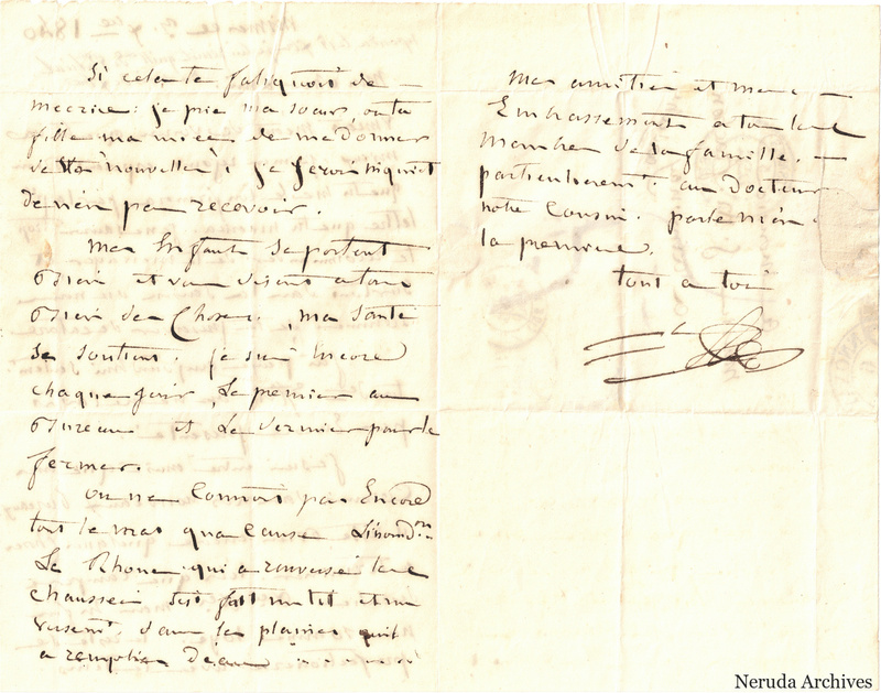 NRA-L-000570 image 2 showing a folded French letter combining manuscript text, address panel, postal marks, seals, folds and retained annotations.