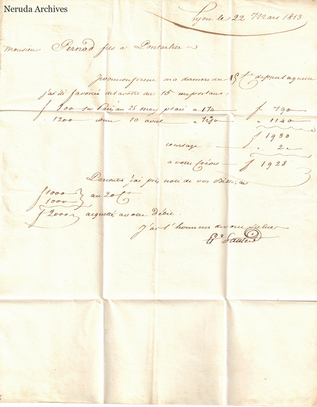 NRA-L-000119 image 2 showing a handwritten commercial letter dated at Lyon with itemized calculations, signature, folds and a worn lower-left edge.