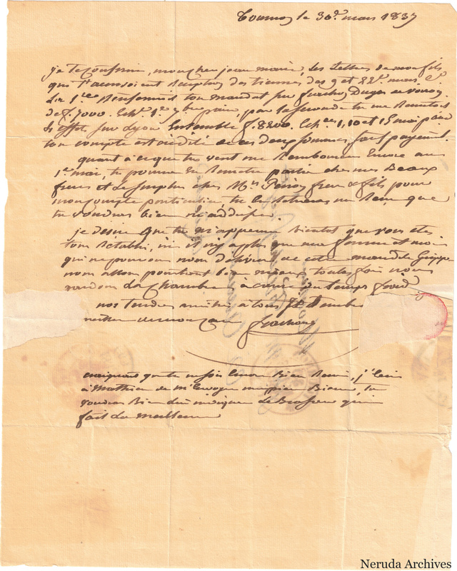 NRA-L-000524 image 2 showing a handwritten French letter continuation with closing, signature, later notes, folds and paper edges.