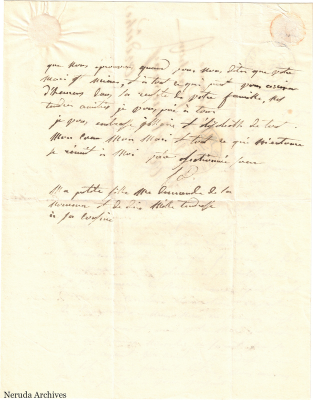 NRA-L-000597 image 4 showing a handwritten French letter continuation with closing, retained marginal or later annotations, visible folds and complete physical paper edges.