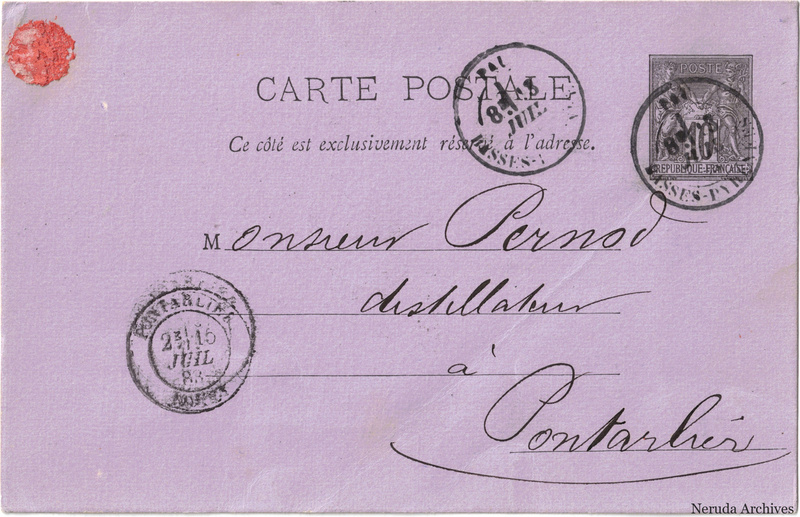 NRA-L-000206 image 1 showing the address side of a postcard sent by Claverie Fils to Pernod, with contemporary postal and business marks.