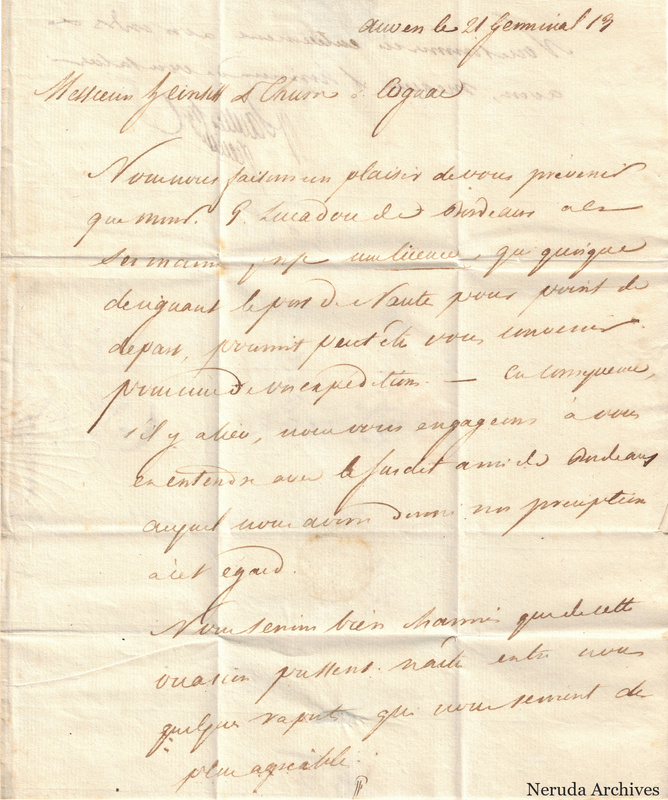 NRA-L-000392 image 2 showing the first page of a handwritten French commercial letter, with a dated heading and folded paper.
