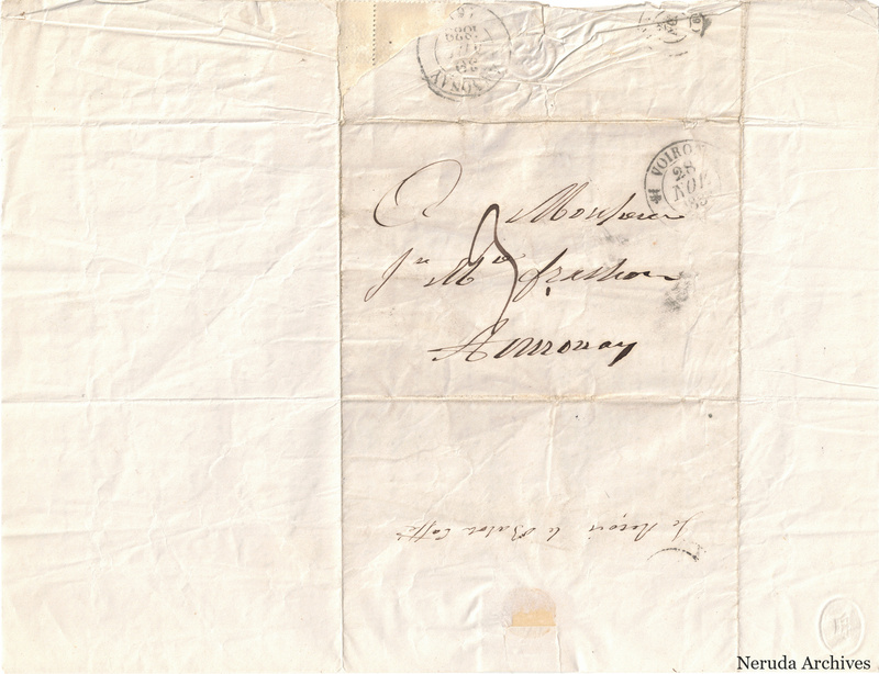 NRA-L-000493 image 1 showing a folded address panel to a Frachon correspondent with circular postal marks, routing notations and visible folds.