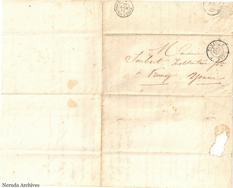 NRA-L-000058 image 1 showing the address panel to Monsieur Imbert at Turny in Yonne, with Paris postal cancellations, folds and paper loss.