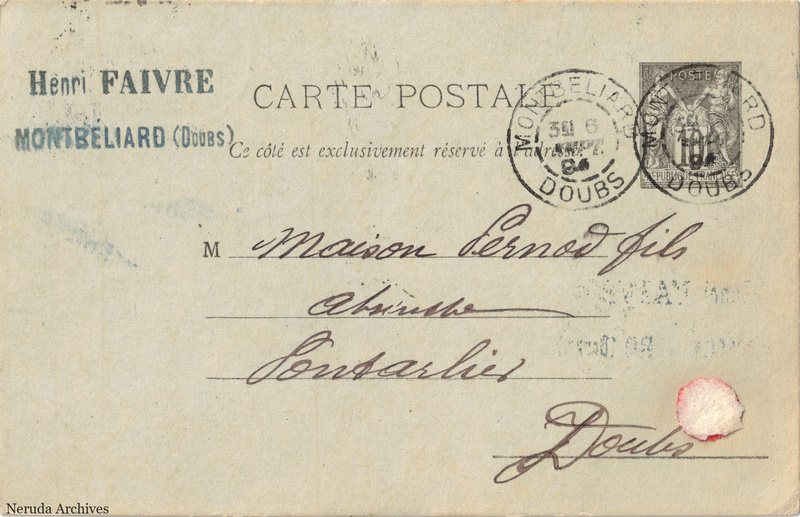 NRA-L-000190 image 1 showing the address side of a postcard sent by Henri Faivre to Pernod Fils, with contemporary postal and business marks.