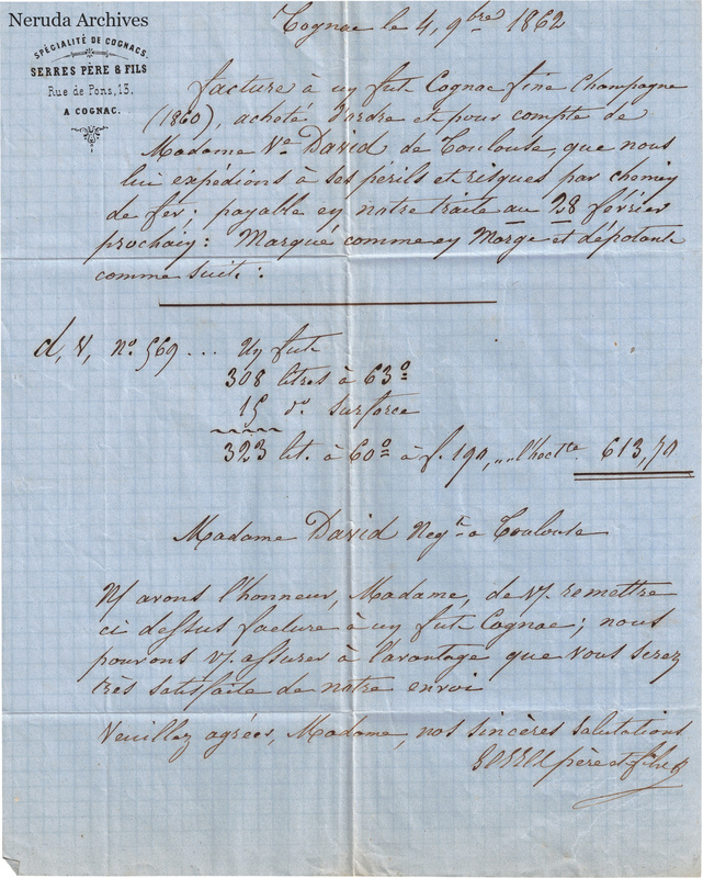 NRA-L-000453 image 2 showing the French commercial letter with invoice calculations, forwarding instructions and signature on blue paper.