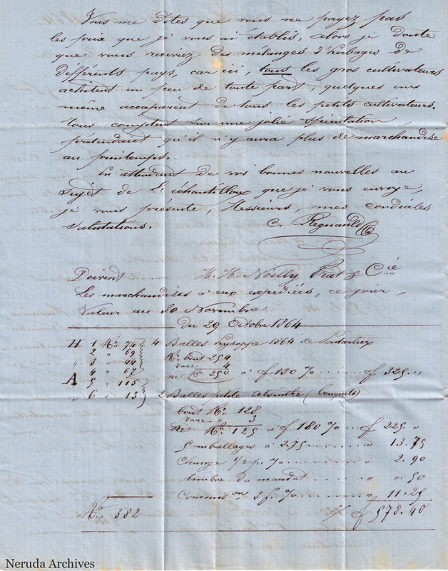 NRA-L-000146 image 3 showing the continuation of the handwritten commercial letter, with absinthe account calculations, signature, docketing and folds.