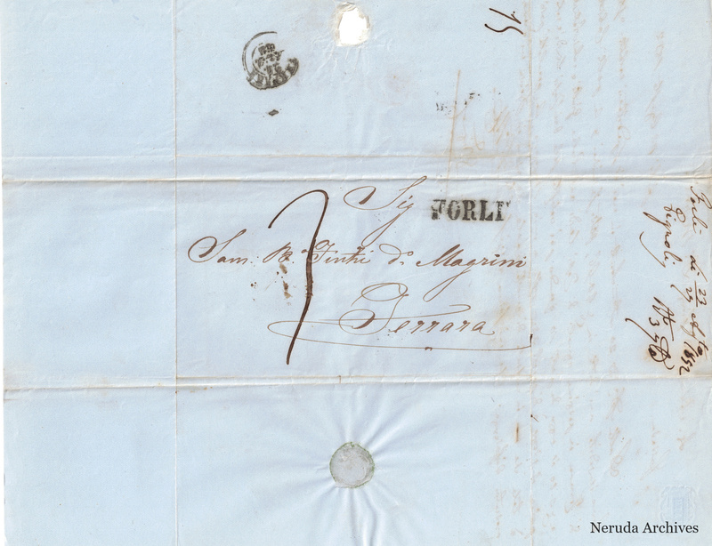 NRA-L-000738 image 1 showing the folded delivery address to Sam. B.o Finzi D.o Magrini in Ferrara, postal marks and a handwritten filing docket.