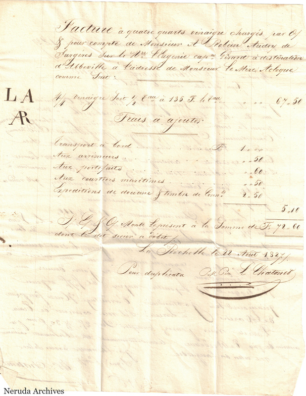 NRA-L-000409 image 5 showing a handwritten invoice enclosure listing charges and additional expenses, with a closing signature.