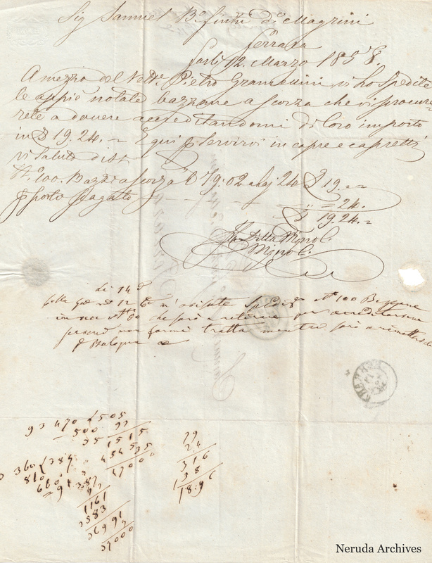 NRA-L-000696 image 2 showing the incoming letter, a short recipient note and calculations in the Forli letter of 12 March1858.