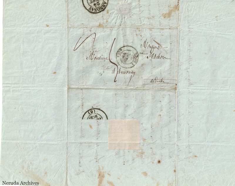 NRA-L-000546 image 1 showing a folded address panel to a Frachon correspondent with postal marks, routing notes, seals, folds and retained annotations.