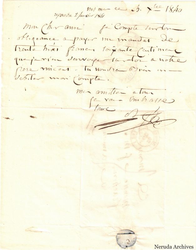 NRA-L-000569 image 2 showing a handwritten French letter with dateline, manuscript text, closing, signature, later notes, folds and paper edges.