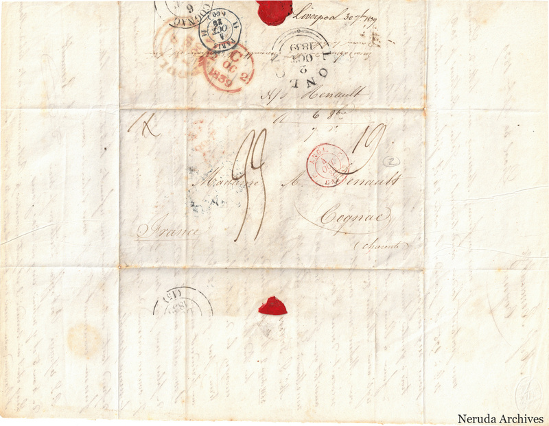 NRA-L-000390 image 1 showing the folded address panel to M. Renaud in Cognac, with Liverpool and French postal marks, manuscript rates and red sealing remnants.