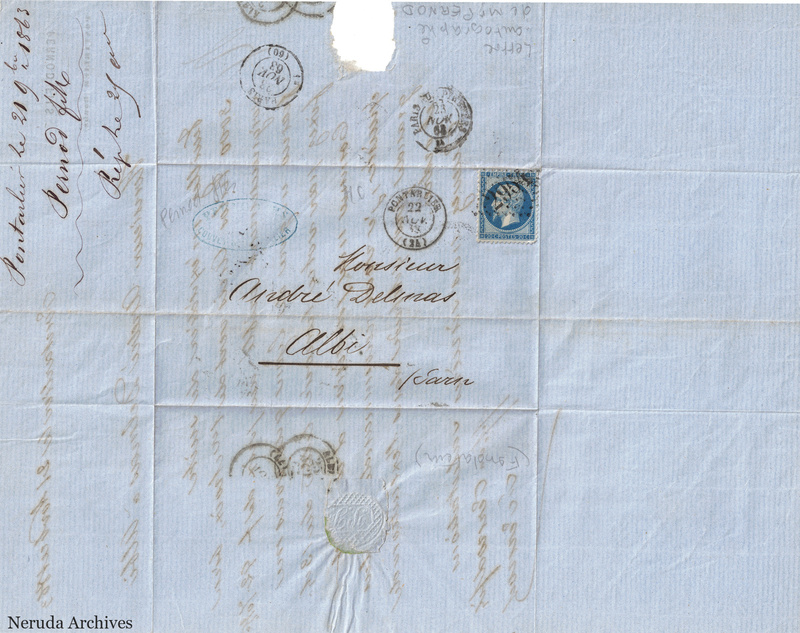 NRA-L-000124 image 1 showing the folded blue-paper address panel to Andre Delmas in Albi with a postage stamp, multiple postal marks, receiver docketing, seal evidence and an upper paper loss.